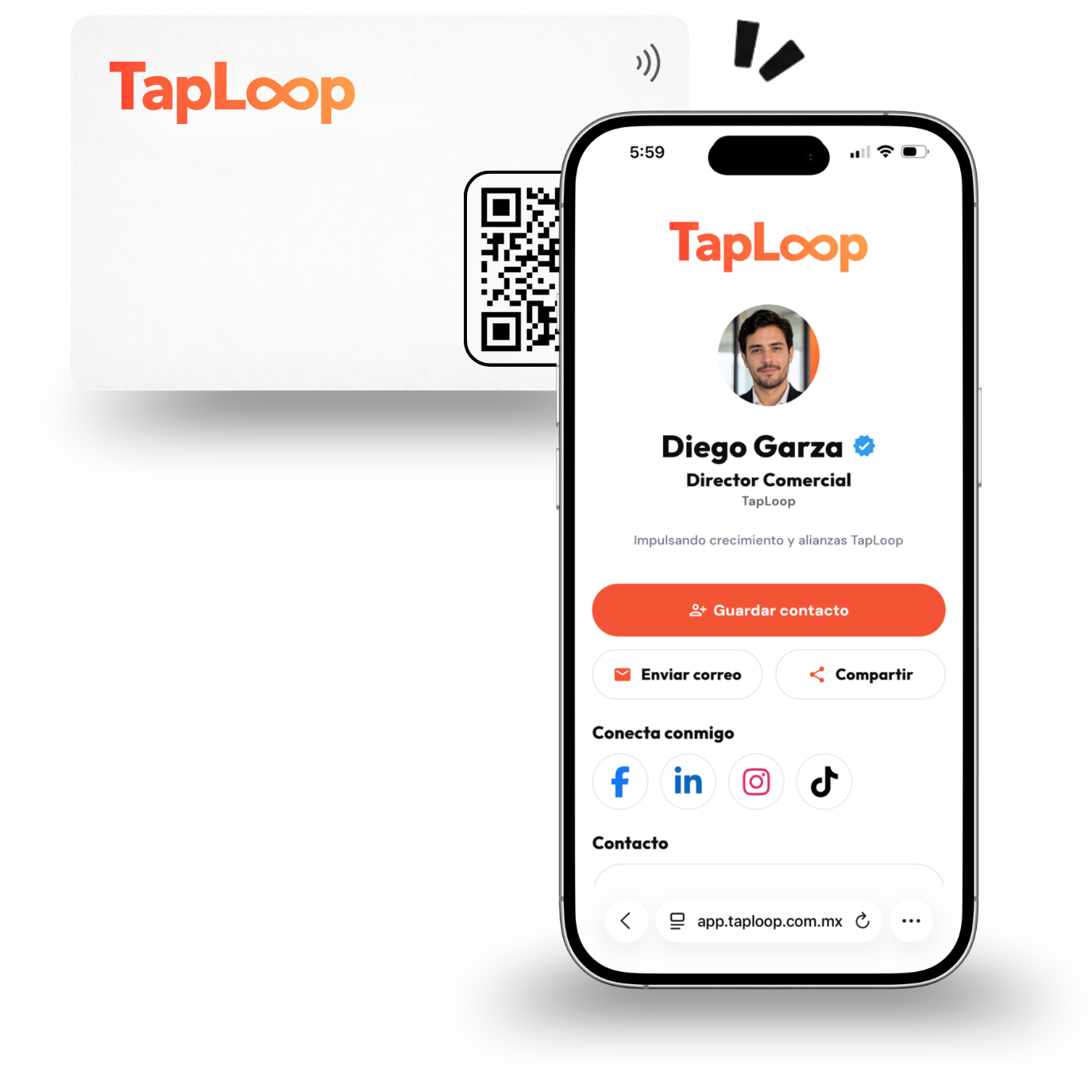 Perfil digital TapLoop mostrado en un teléfono junto a una tarjeta NFC