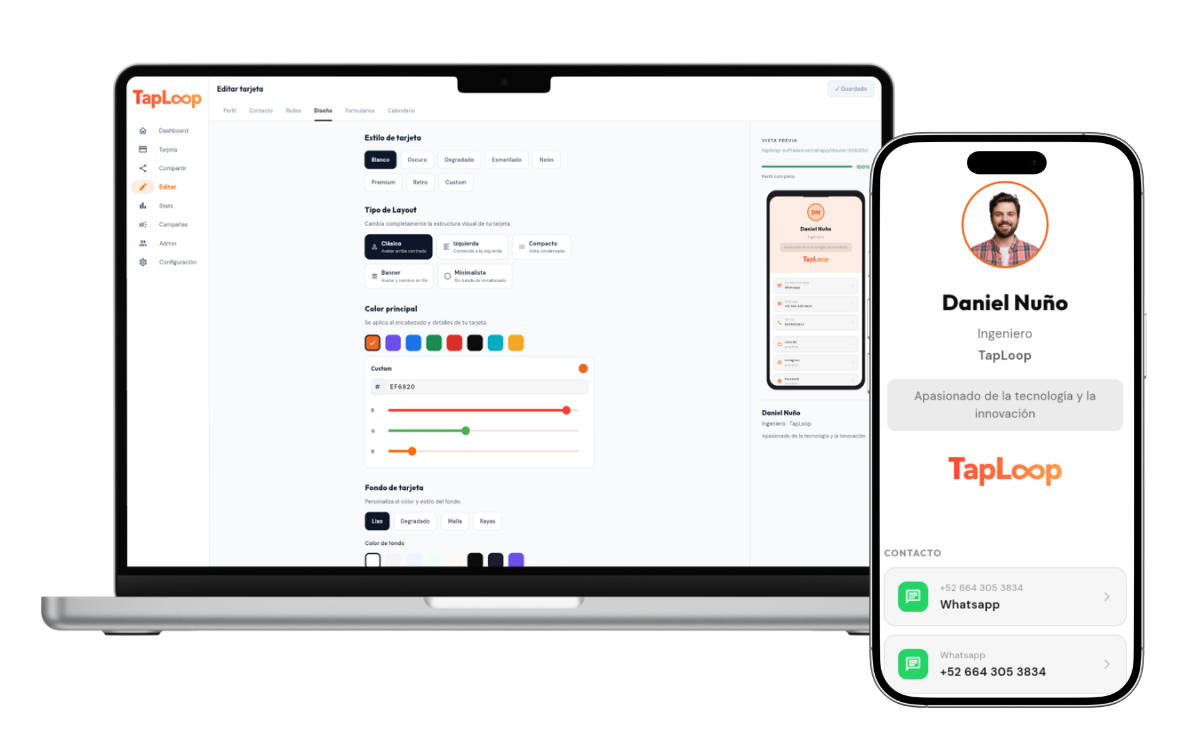Editor de perfil TapLoop para actualizar enlaces y datos de contacto