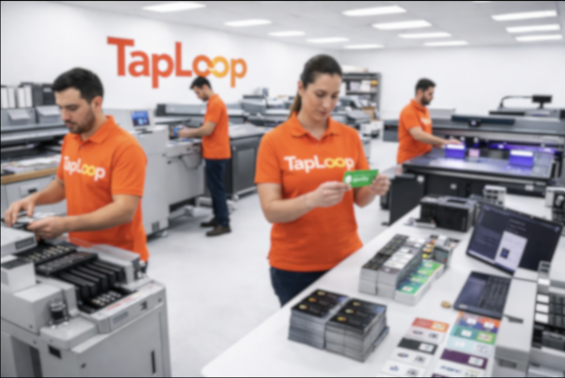Equipo TapLoop trabajando en la producción de tarjetas